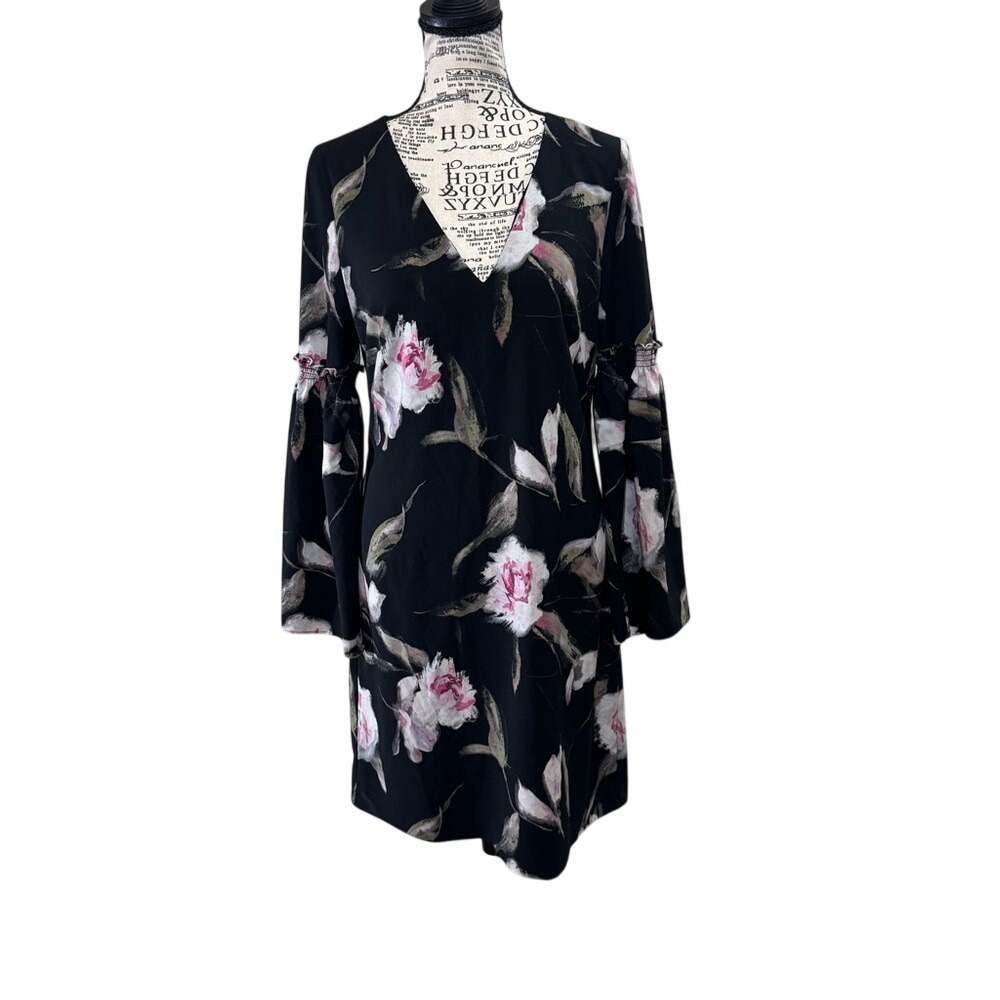 White Houseβ Black Market Black Floral Long Sleeve V-Neck Dress